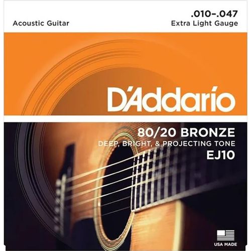 Encordoamento Violão Aço .010-.047 80/20 Bronze EJ10-B D\'Addario Com