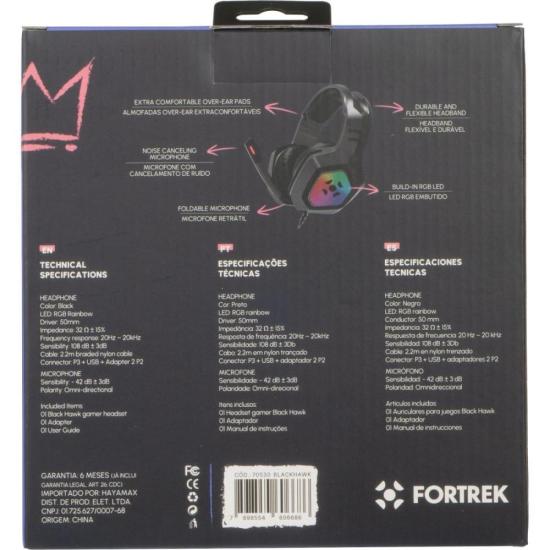 Headset Gamer Fortrek Black Hawk P2 + USB RGB Preto