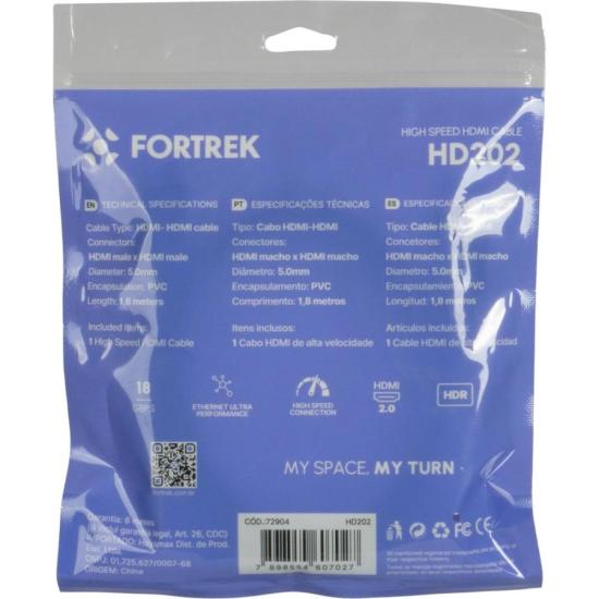 Cabo HDMI 2.0 4K 1,8m HD202 Fortrek FK 723C