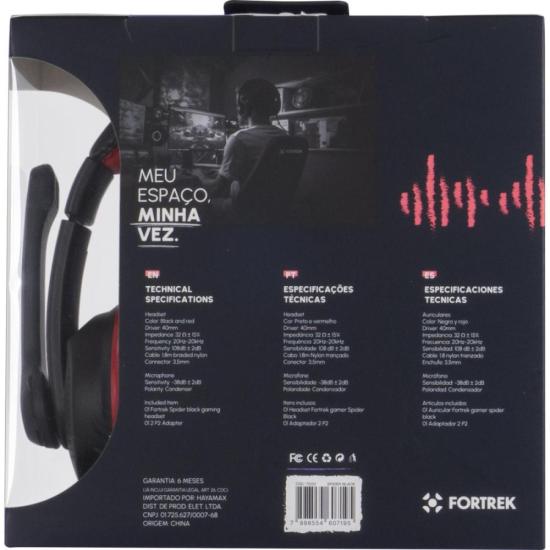 Headset Gamer Fortrek Spider Black P3 Preto/Vermelho