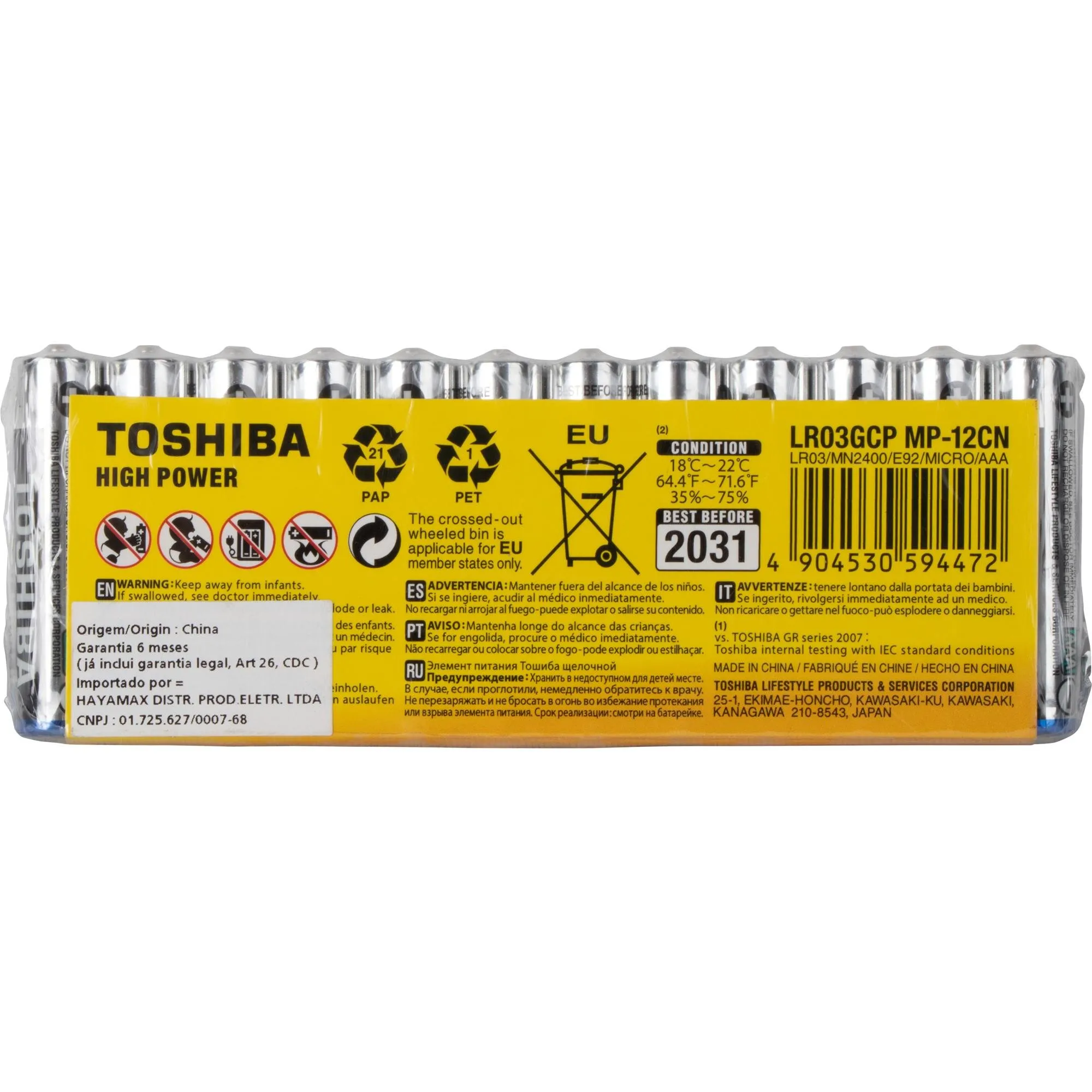 Pilha Alcalina AAA 1,5V LR03GCP (C/12 Pilhas) Toshiba