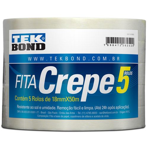 Fita Crepe 18mmx50m Tekbond (Pacote Com 5 uni.)