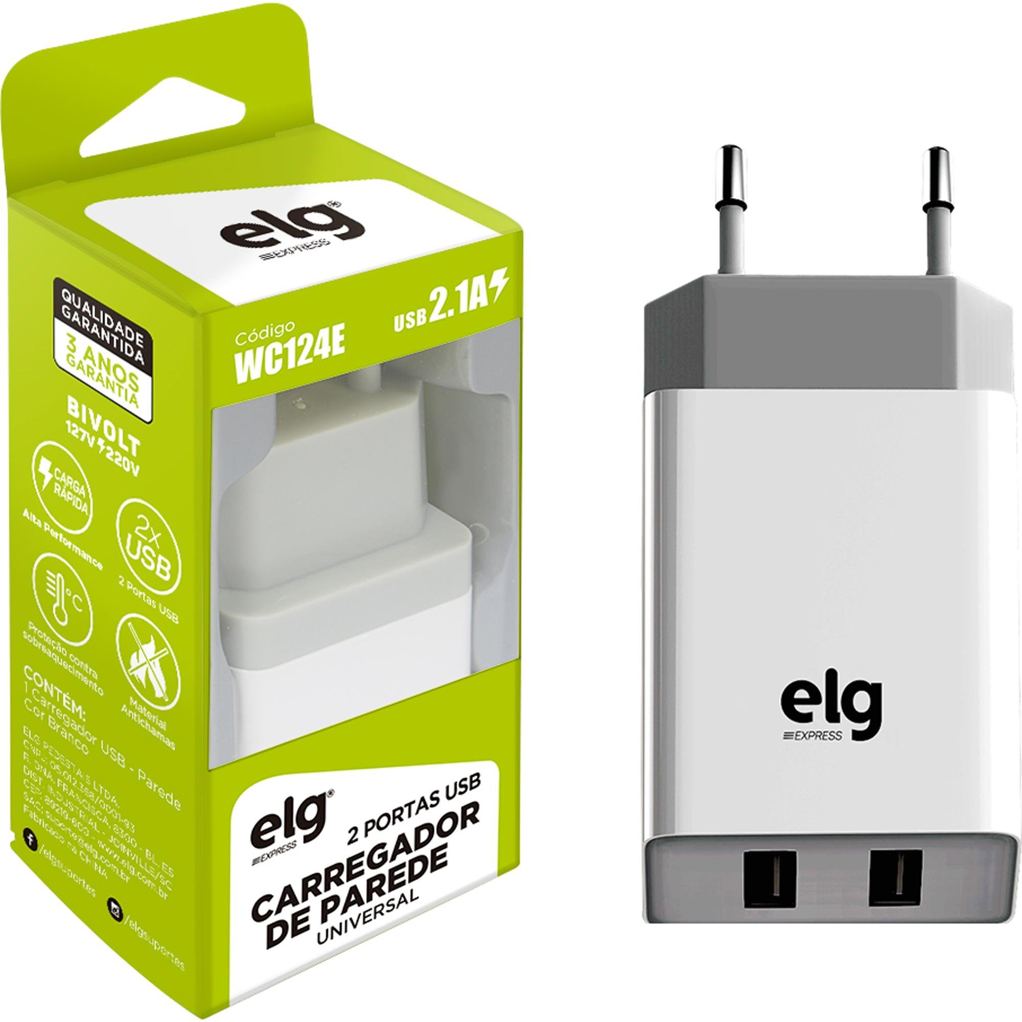 Carregador de Parede Universal WC124E Branco 2P USB ELG