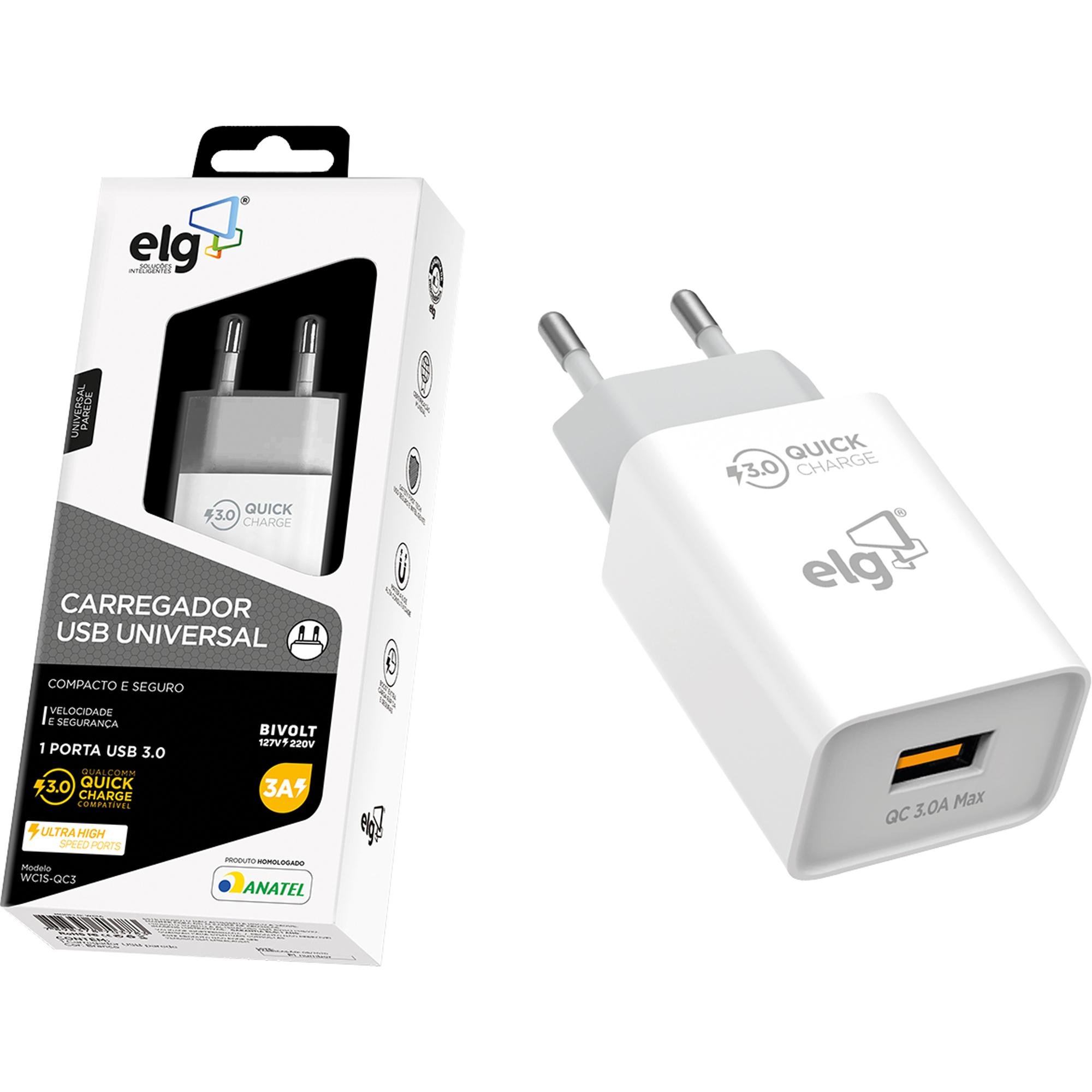 Carregador USB 3A WC1S-QC3 Branco ELG