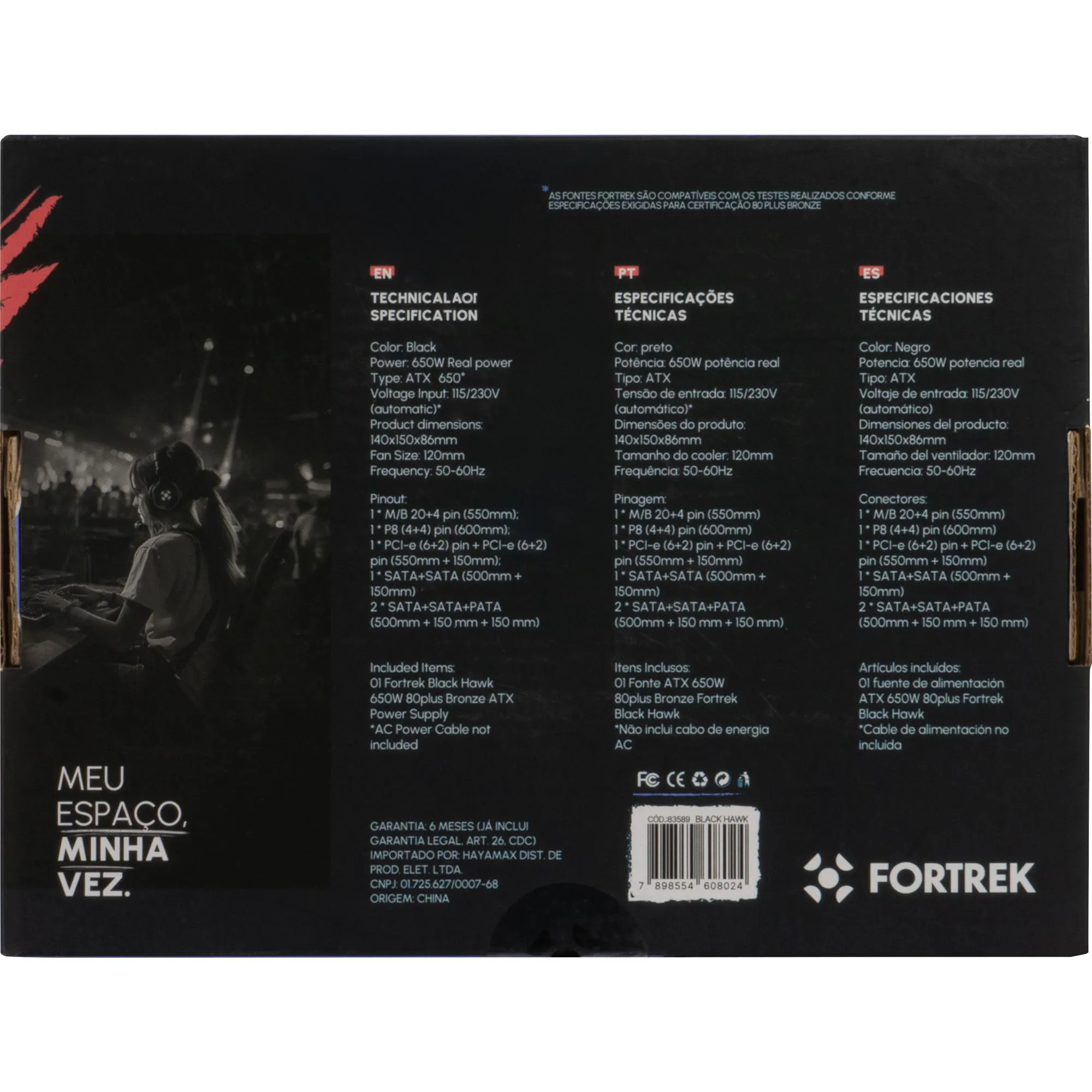 Fonte Gamer ATX Fortrek Black Hawk 650W 80 Plus Bronze PFC Ativo