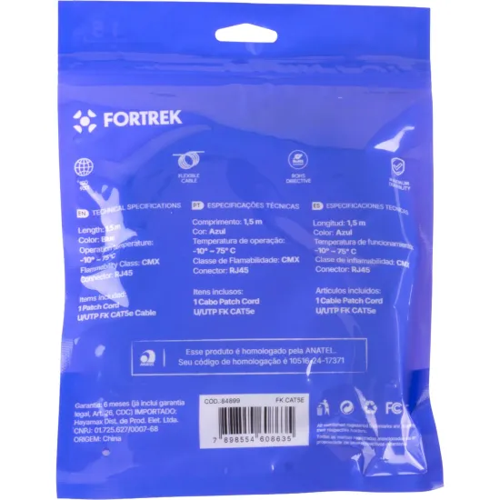 Cabo de Rede Patch Cord Cat5e Fortrek FKCAT5E 1,5m Internet Azul