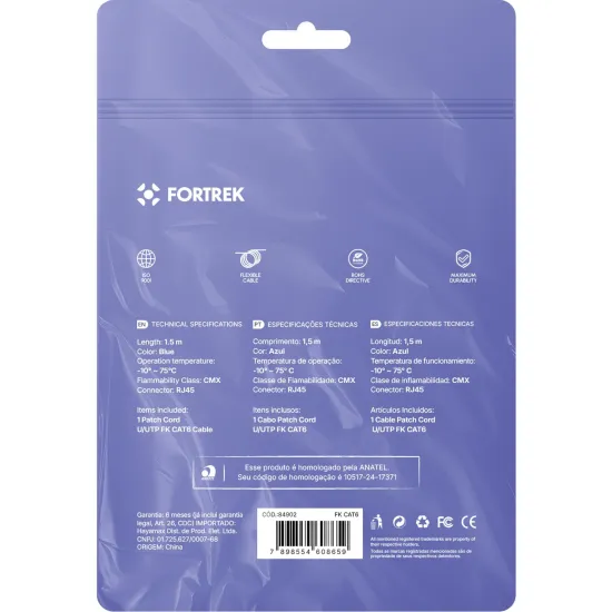Cabo de Rede Patch Cord Cat6 Fortrek FKCAT6 1,5m Internet Azul