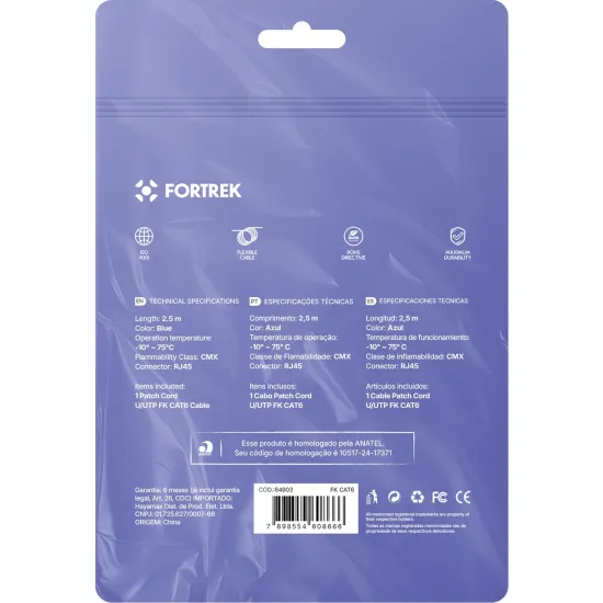 Cabo de Rede Patch Cord Cat6 Fortrek FKCAT6 2,5m Internet Azul
