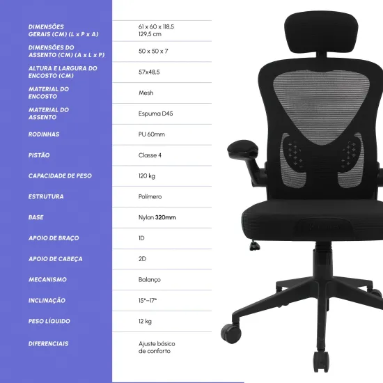 Cadeira de Escritório Ergonômica Fortrek Ergo Base Ajustável Preta