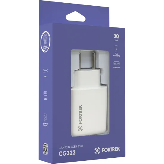 Carregador GaN Universal DUPLO USB-C e USB-A Fortrek CG323 30W 