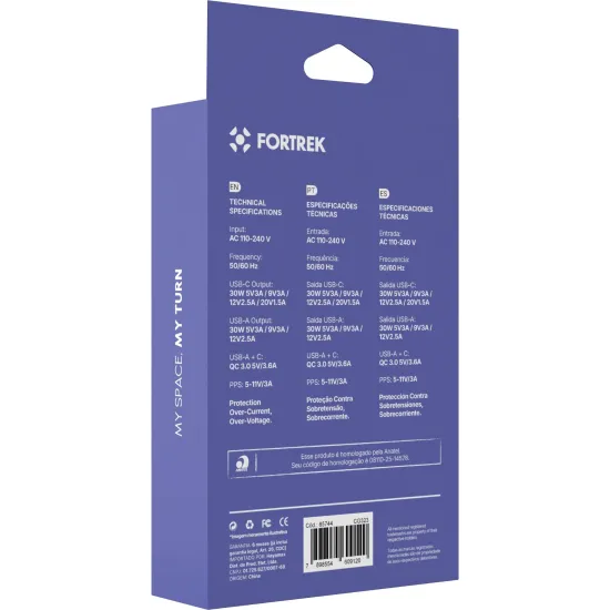Carregador GaN Universal DUPLO USB-C e USB-A Fortrek CG323 30W 
