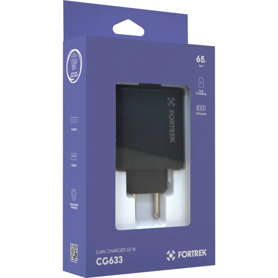 Carregador GaN Universal TRIPLO USB-C e USB-A Fortrek CG633 65W 