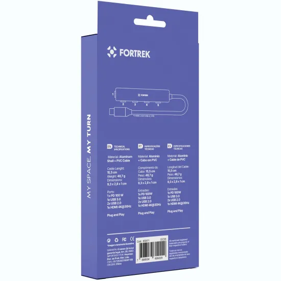 Hub Adaptador USB-C 5 Portas HDMI + USB-C + 3 USB-A Fortrek DC53
