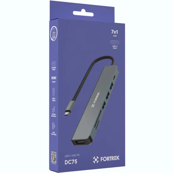 Hub Adaptador USB-C 7 Portas HDMI USB-C 3x USB-A SD TF Fortrek DC75