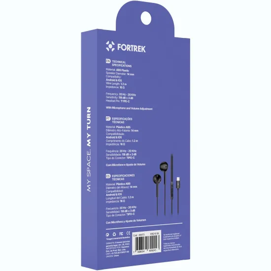 Fone de Ouvido Auricular Com Fio Tipo-C Fortrek EB210 Preto