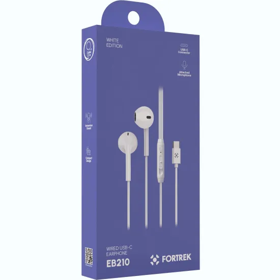 Fone de Ouvido Auricular Com Fio Tipo-C Fortrek EB210 Branco