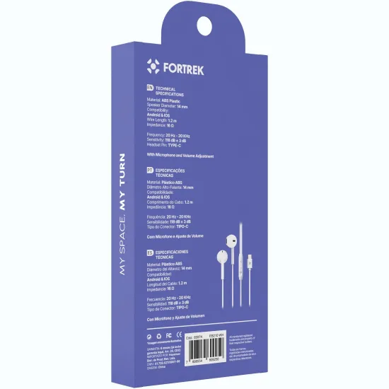 Fone de Ouvido Auricular Com Fio Tipo-C Fortrek EB210 Branco