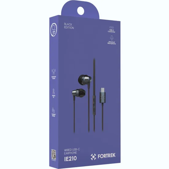 Fone de Ouvido Intra-Auricular Com Fio Tipo-C Fortrek IE210 Preto