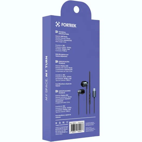 Fone de Ouvido Intra-Auricular Com Fio Tipo-C Fortrek IE210 Preto
