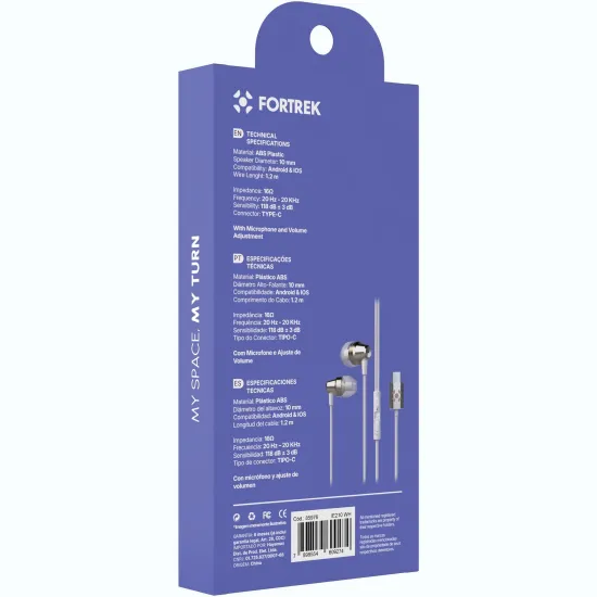 Fone de Ouvido Intra-Auricular Com Fio Tipo-C Fortrek IE210 Branco
