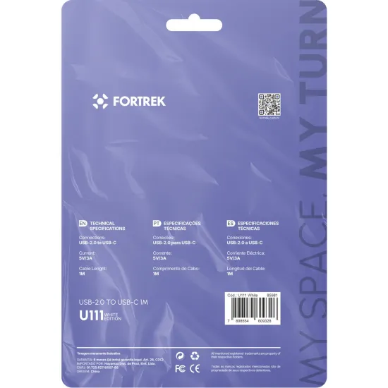 Cabo USB-A Para USB-C Fortrek U111 1 Metro Branco