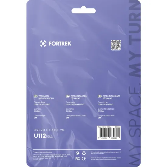 Cabo USB-A Para USB-C Fortrek U112 2 Metros Branco