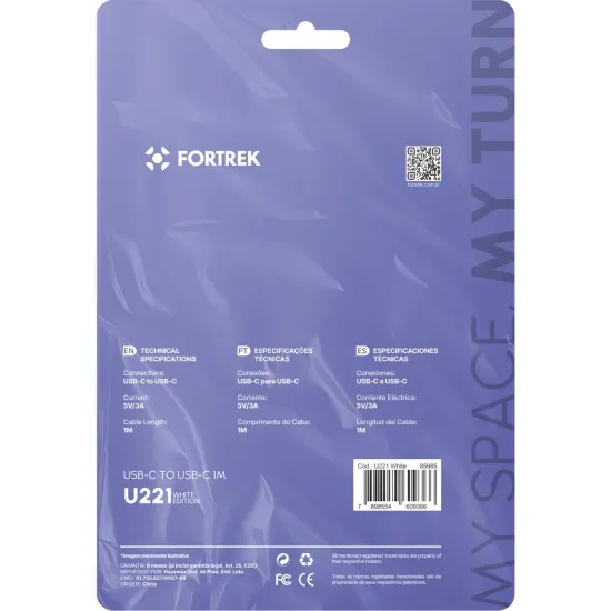 Cabo USB-C Para USB-C Fortrek U221 1 Metro Branco