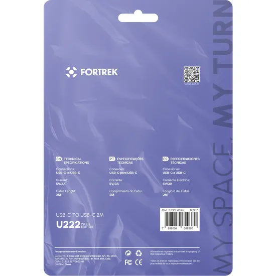 Cabo USB-C Para USB-C Fortrek U222 2 Metros Preto