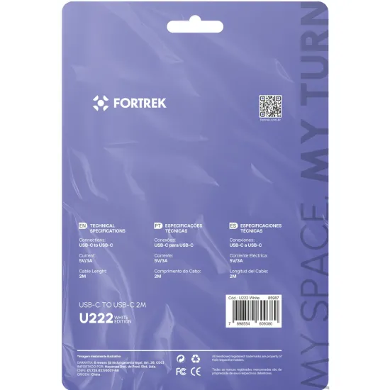 Cabo USB-C Para USB-C Fortrek U222 2 Metros Branco