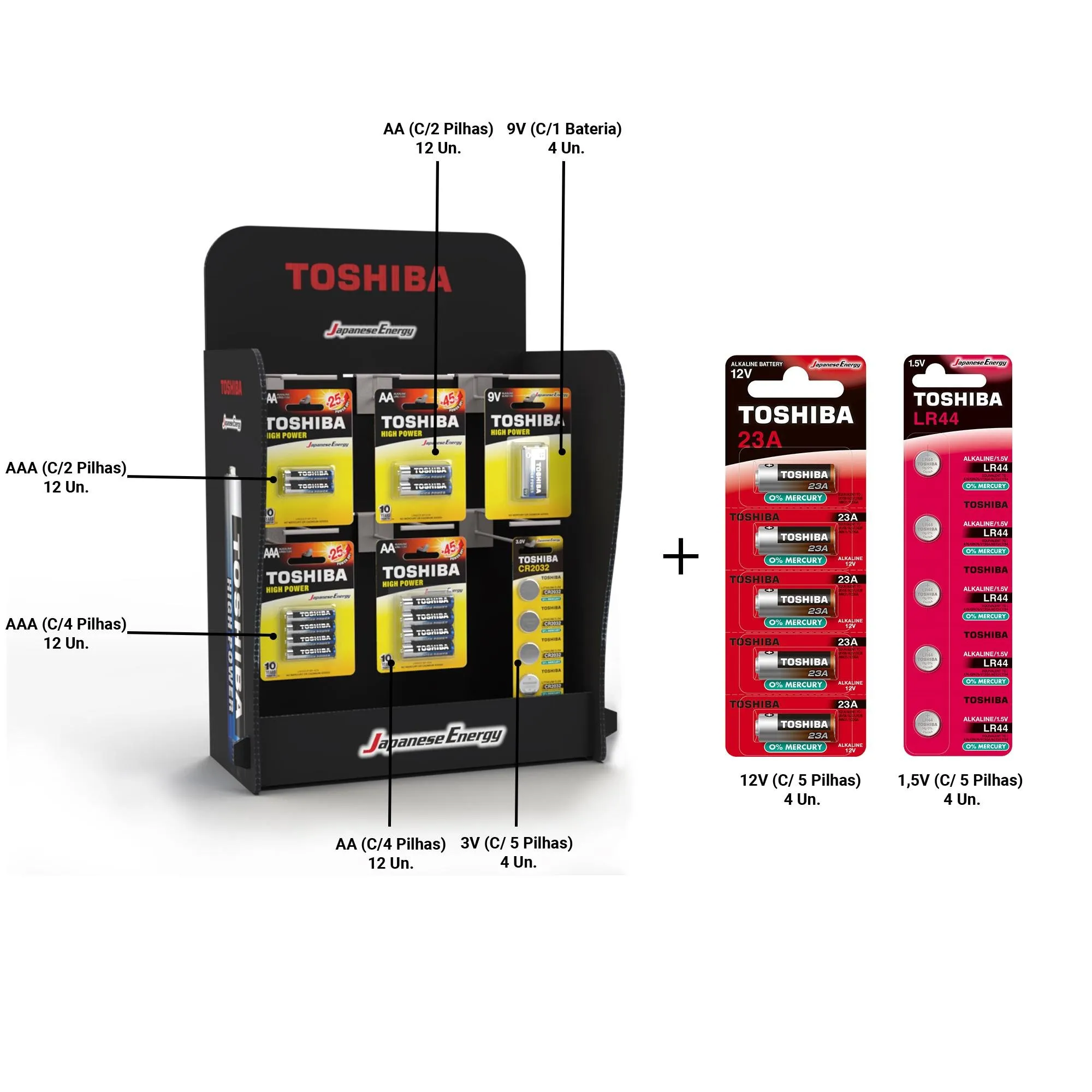 Expositor Completo de Pilhas e Baterias Toshiba Para Balcão e Checkout