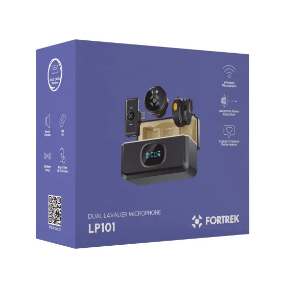 Microfone de Lapela Sem Fio Fortrek LP101 USB-C 2.4 GHz Preto