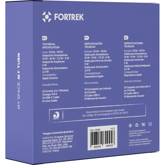 Carregador por Indução Fortrek IHC3 3 em 1 Dobrável