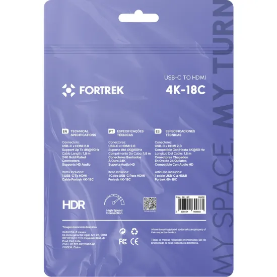 Cabo USB-C Para HDMI Fortrek 4K-18C 60Hz 1,8m